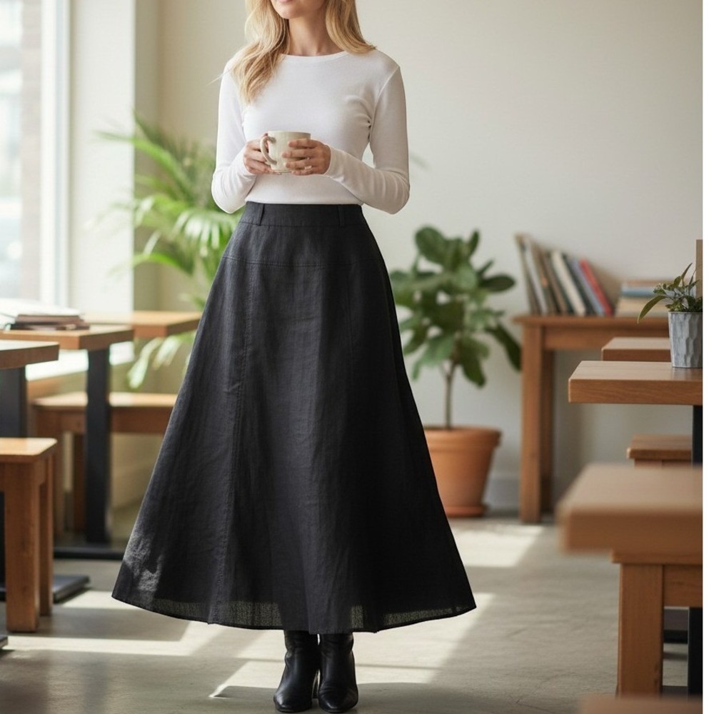 Richard Malcolm Black 100% Linen A-Line Maxi Skirt Lined Paneled Size 12 Modest